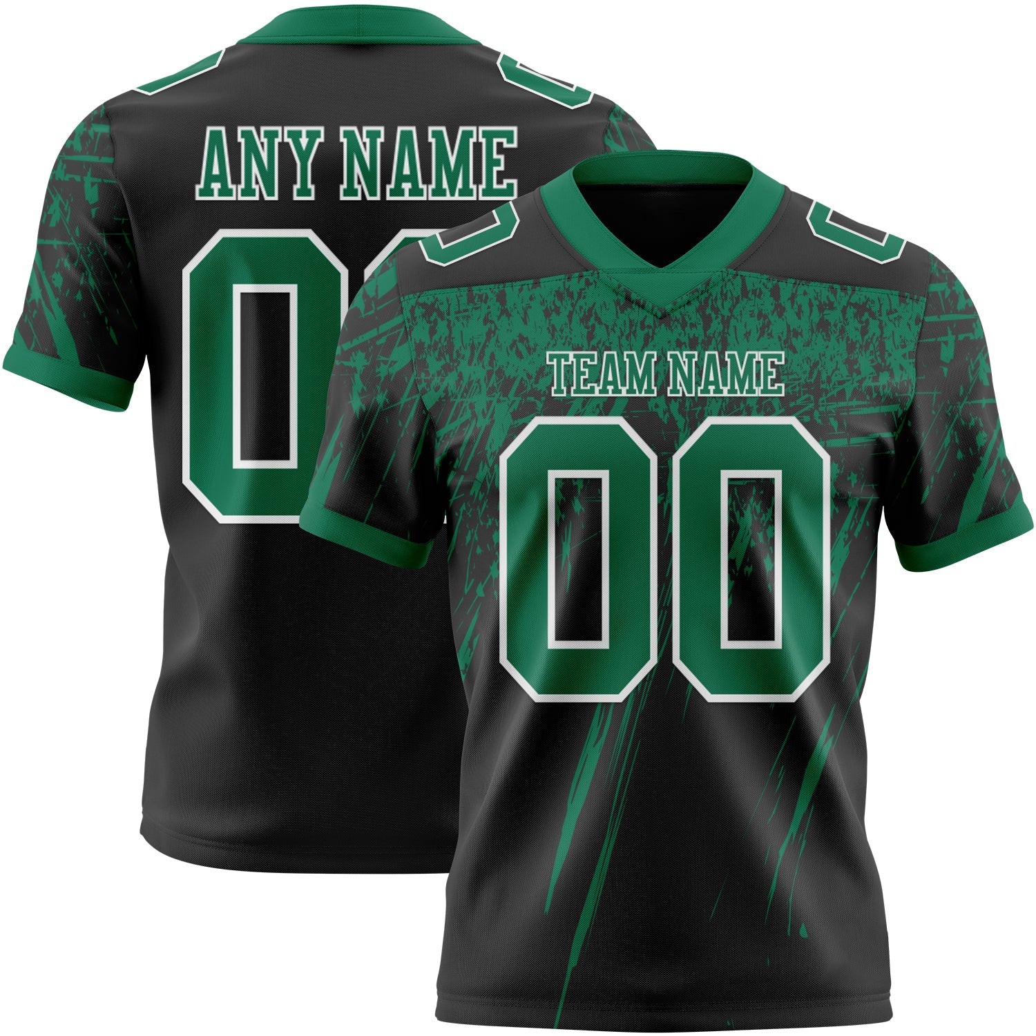 Custom Black Kelly Green-White Authentic Distressed Scratch Brush Stroke Football Jersey - Main View