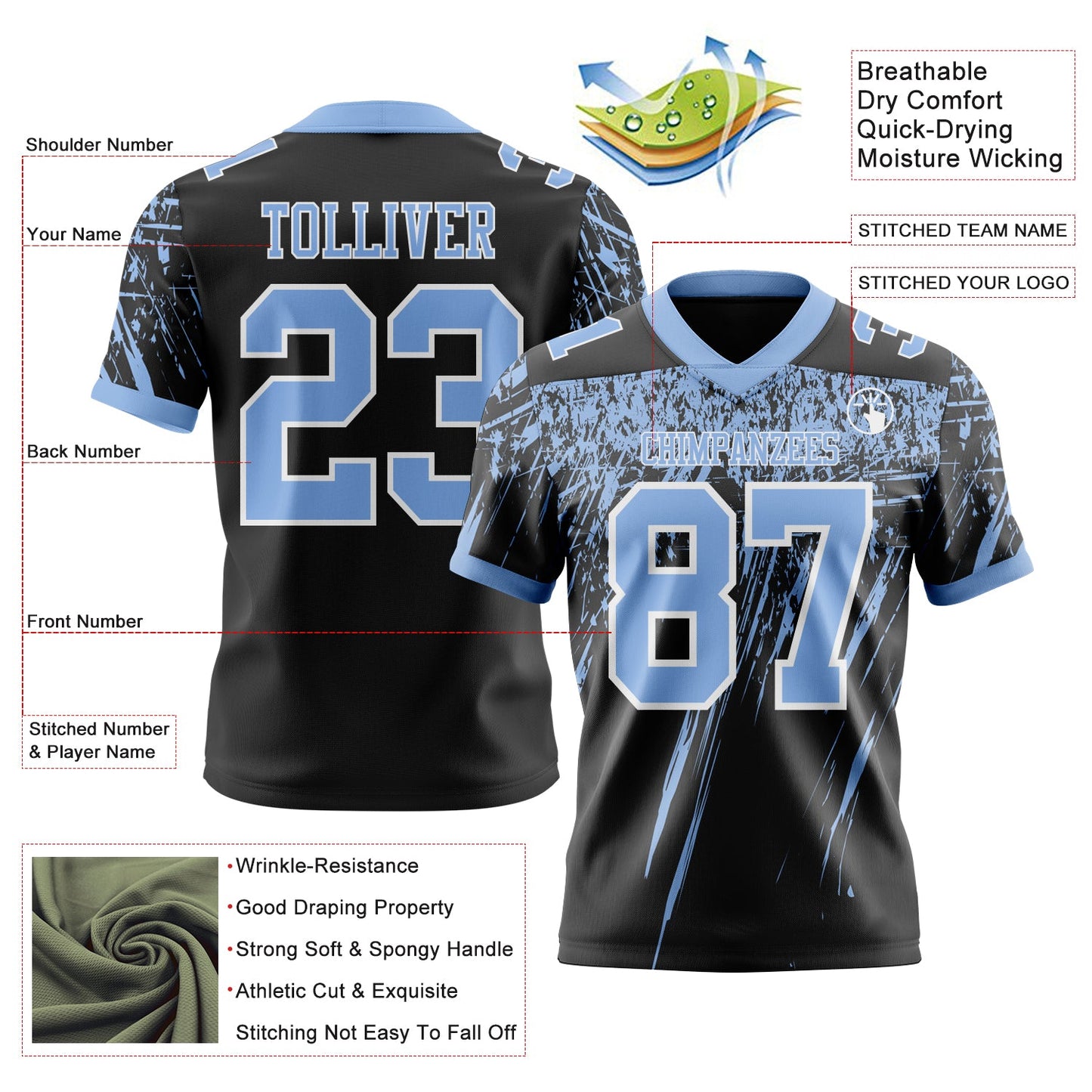 Custom Black Light Blue-White Authentic Distressed Scratch Brush Stroke Football Jersey view 2