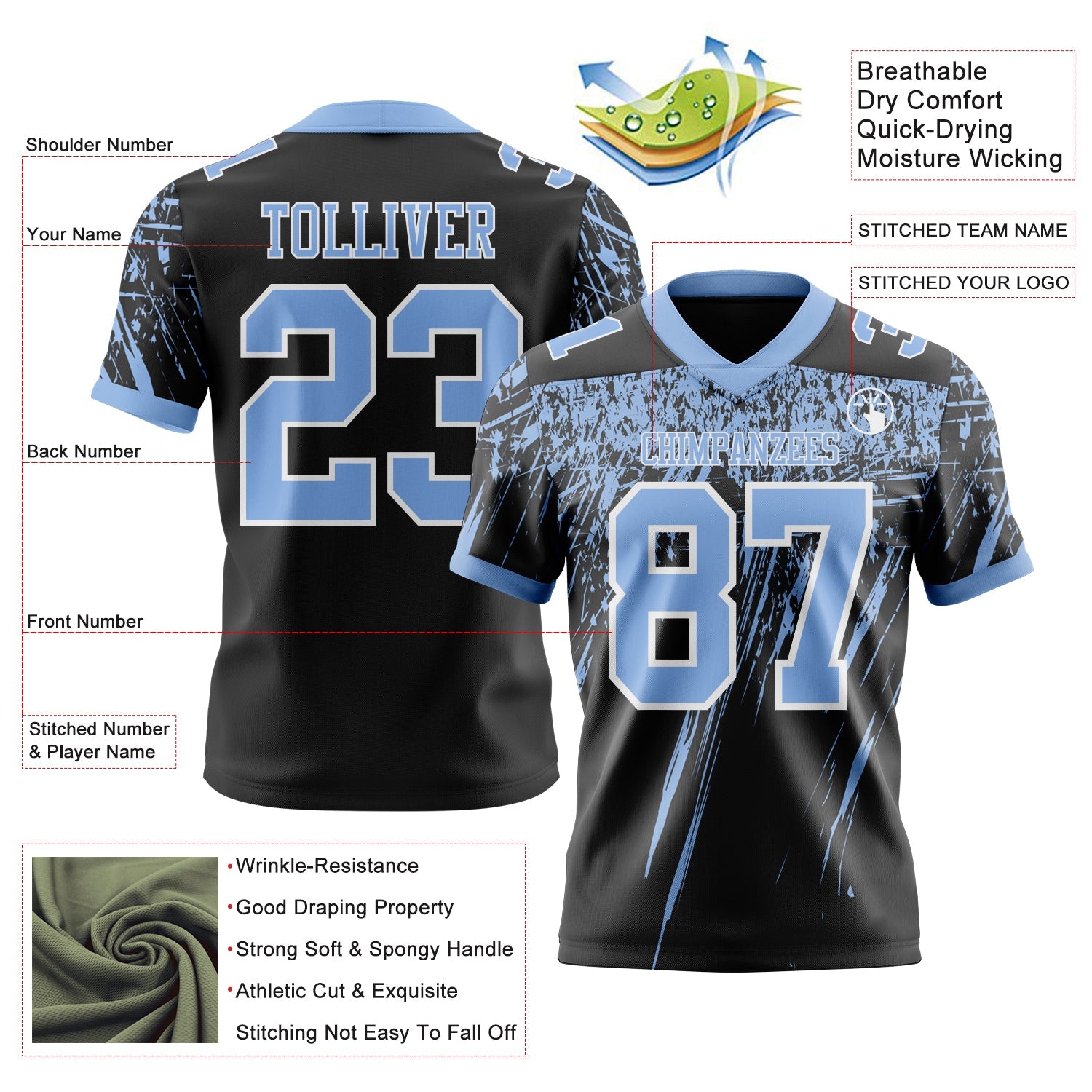 Custom Black Light Blue-White Authentic Distressed Scratch Brush Stroke Football Jersey view 2