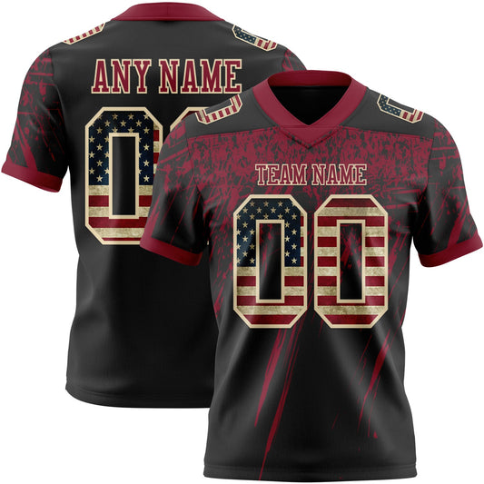 Custom Black Vintage USA Flag Crimson-Cream Authentic Distressed Scratch Brush Stroke Football Jersey - Main View