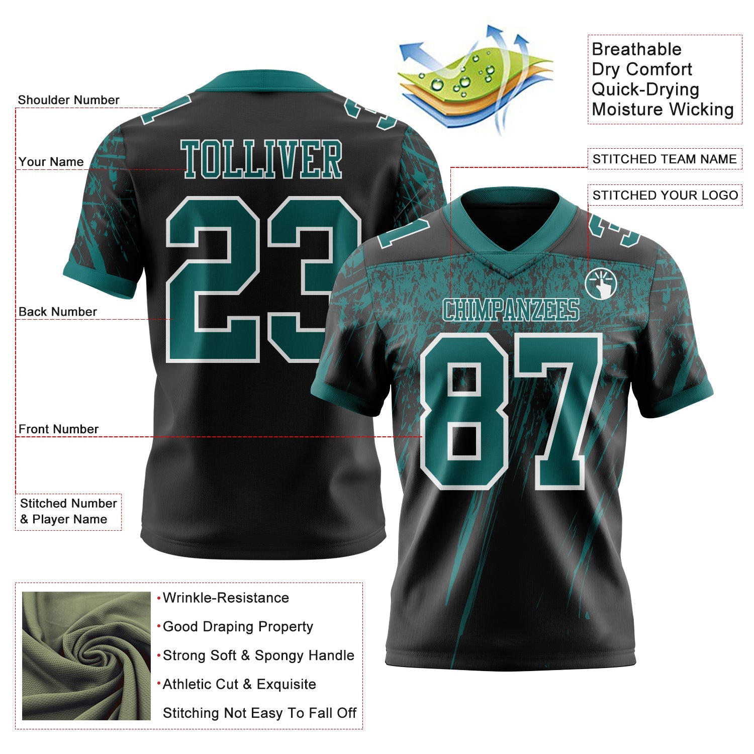 Custom Black Teal-White Authentic Distressed Scratch Brush Stroke Football Jersey view 2