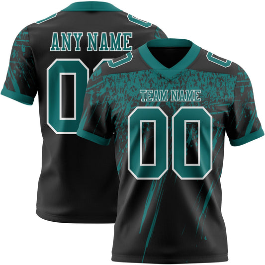 Custom Black Teal-White Authentic Distressed Scratch Brush Stroke Football Jersey - Main View