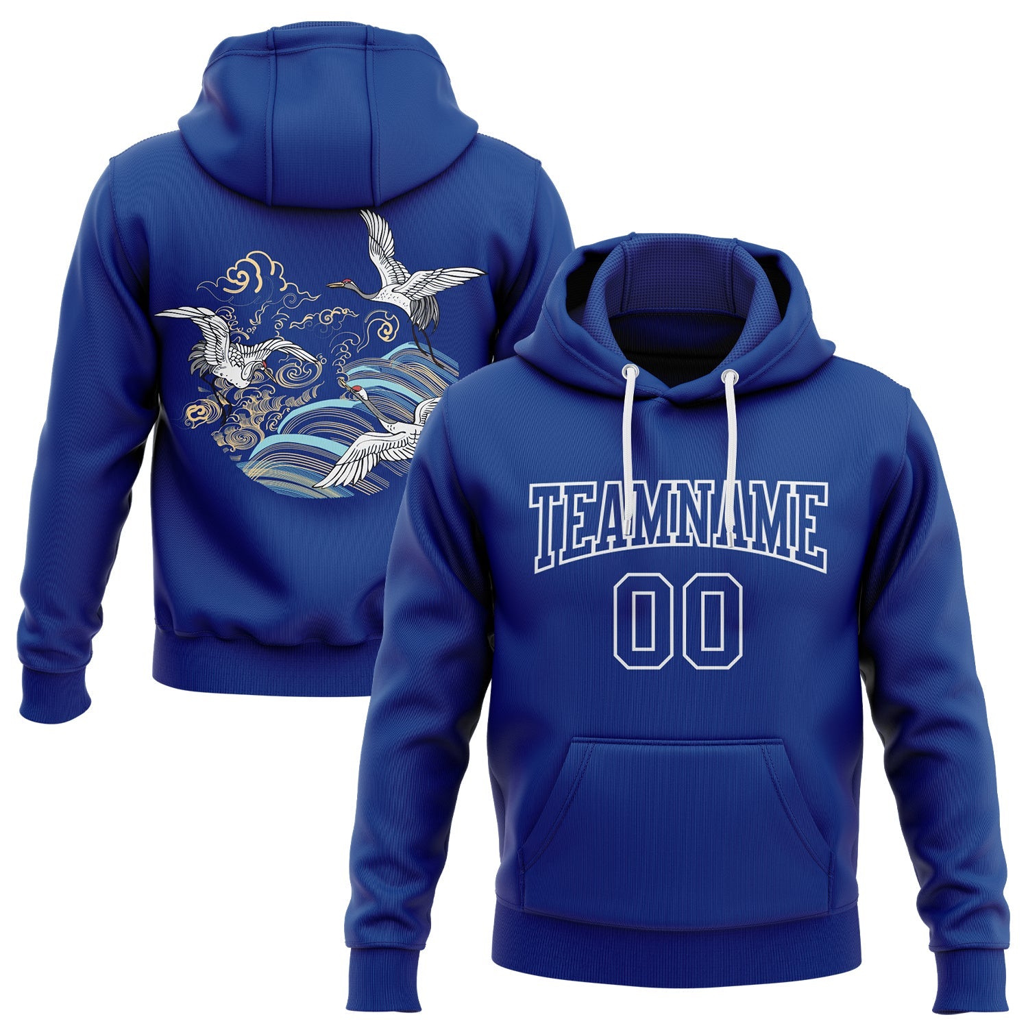 Custom Stitched Royal White 3D Pattern Design Crane And Cloud Sports Pullover Sweatshirt Hoodie - Main View