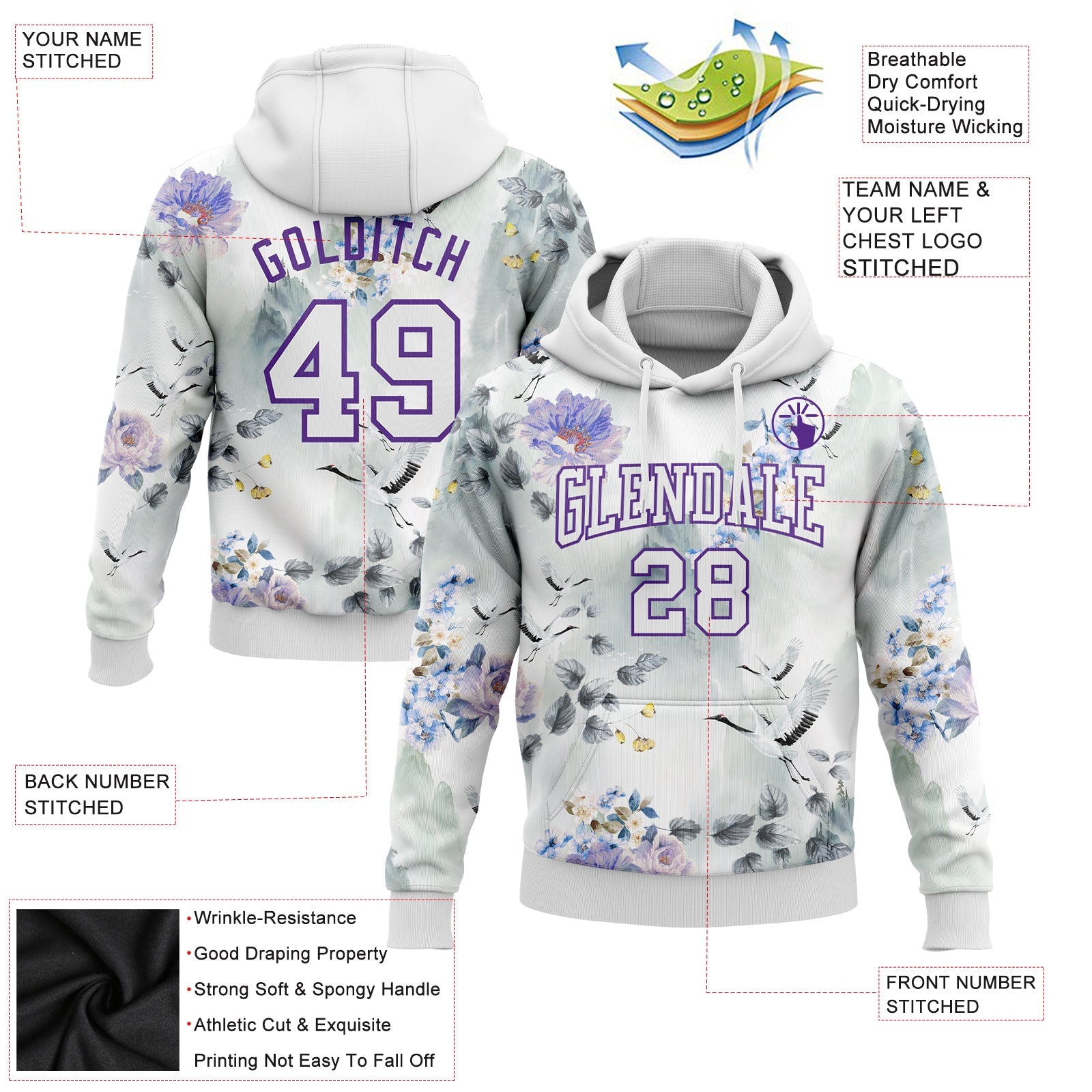 Custom Stitched White Purple 3D Pattern Design Crane And Flower Sports Pullover Sweatshirt Hoodie view 2