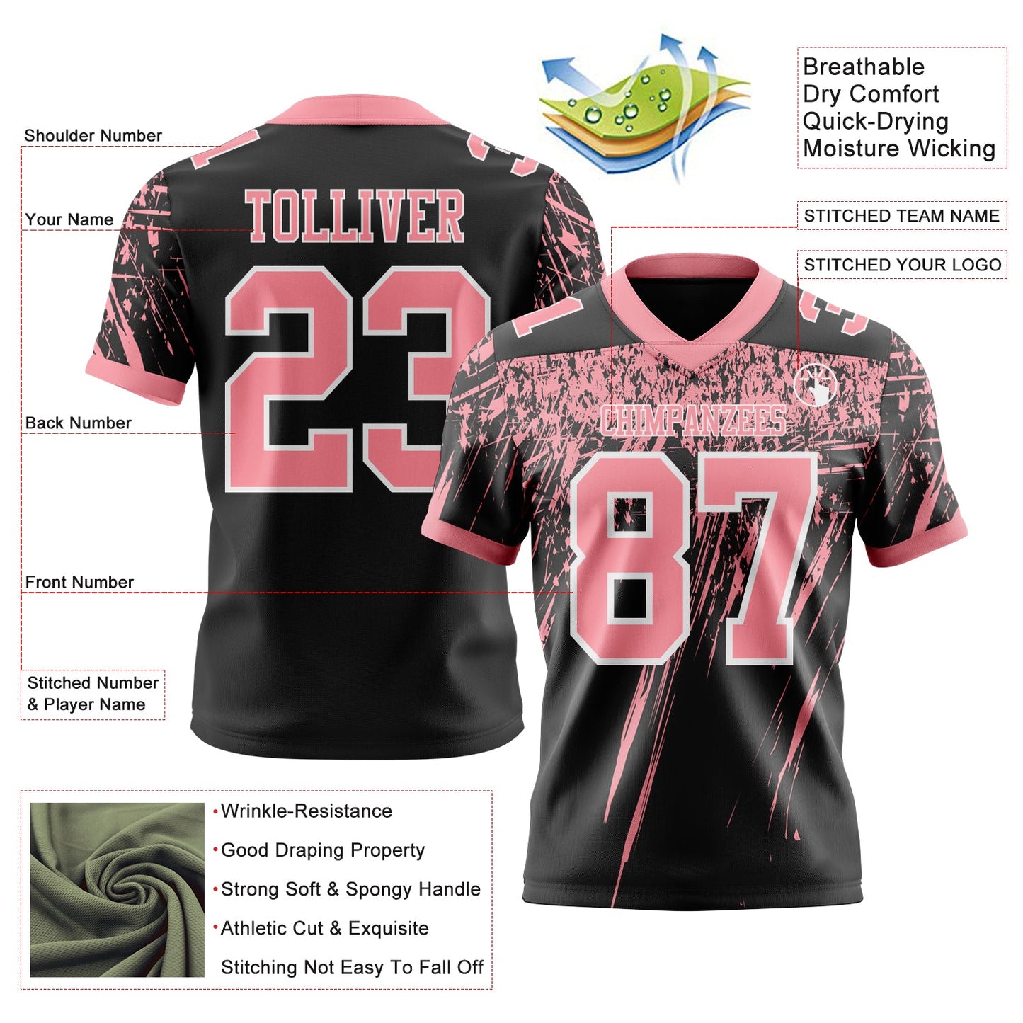 Custom Black Medium Pink-White Authentic Distressed Scratch Brush Stroke Football Jersey view 2
