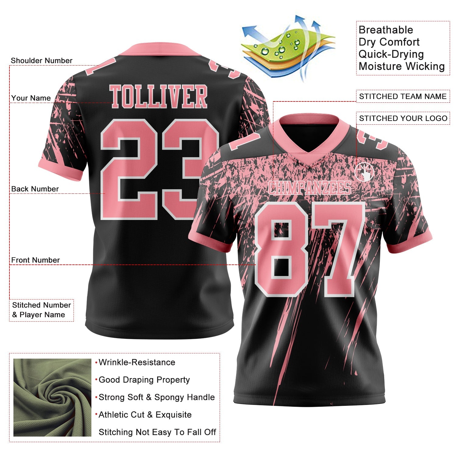 Custom Black Medium Pink-White Authentic Distressed Scratch Brush Stroke Football Jersey view 2