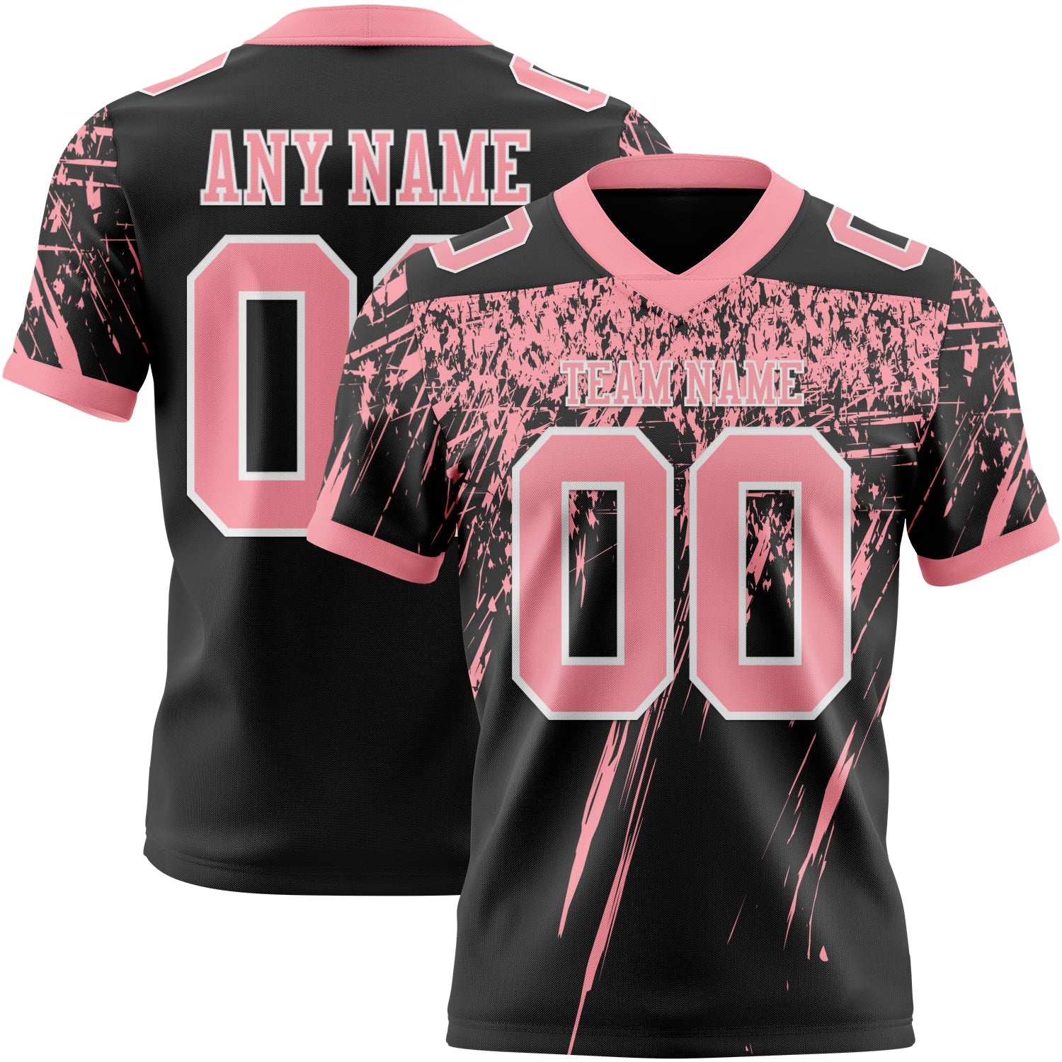 Custom Black Medium Pink-White Authentic Distressed Scratch Brush Stroke Football Jersey - Main View