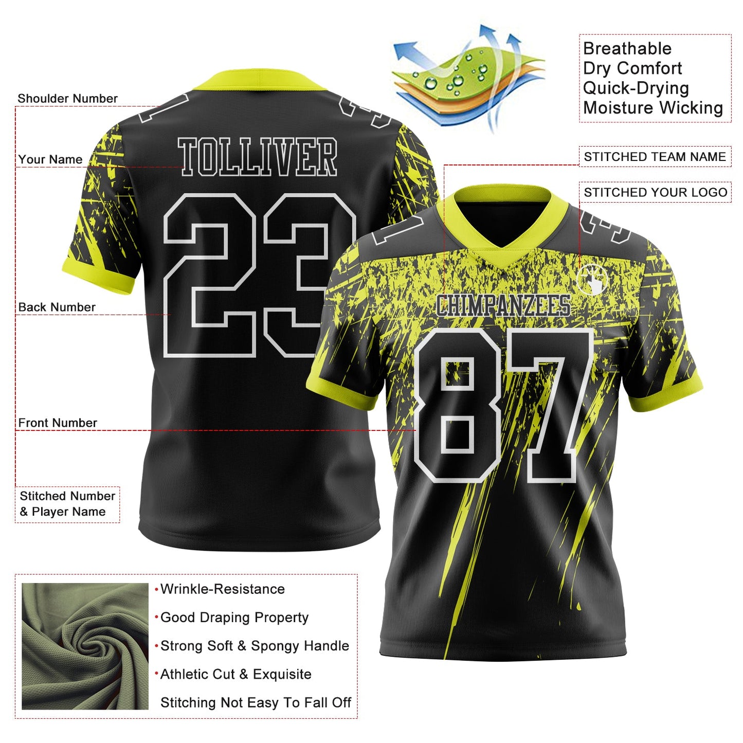 Custom Black Neon Yellow-White Authentic Distressed Scratch Brush Stroke Football Jersey view 2