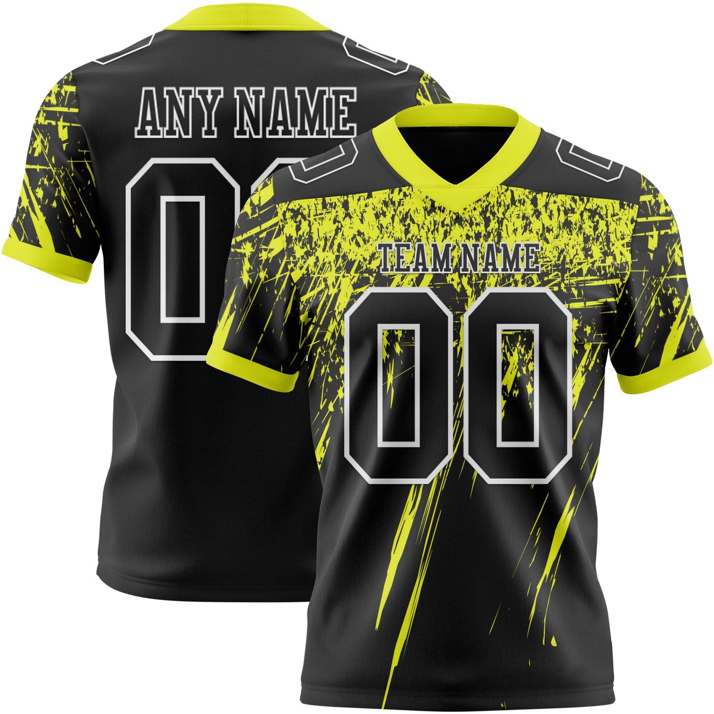Custom Black Neon Yellow-White Authentic Distressed Scratch Brush Stroke Football Jersey - Main View