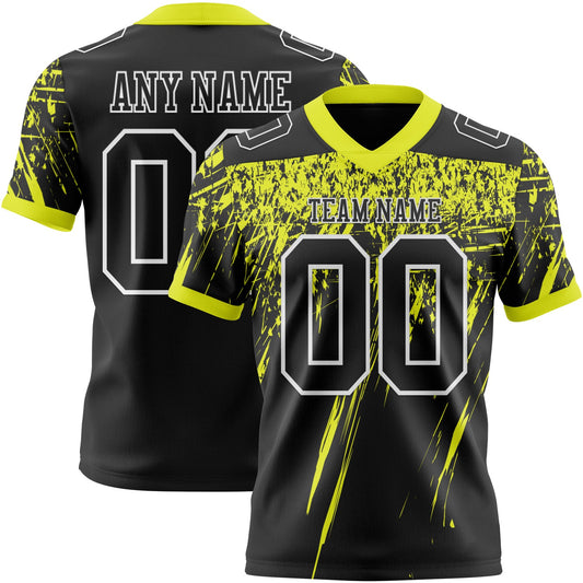 Custom Black Neon Yellow-White Authentic Distressed Scratch Brush Stroke Football Jersey - Main View