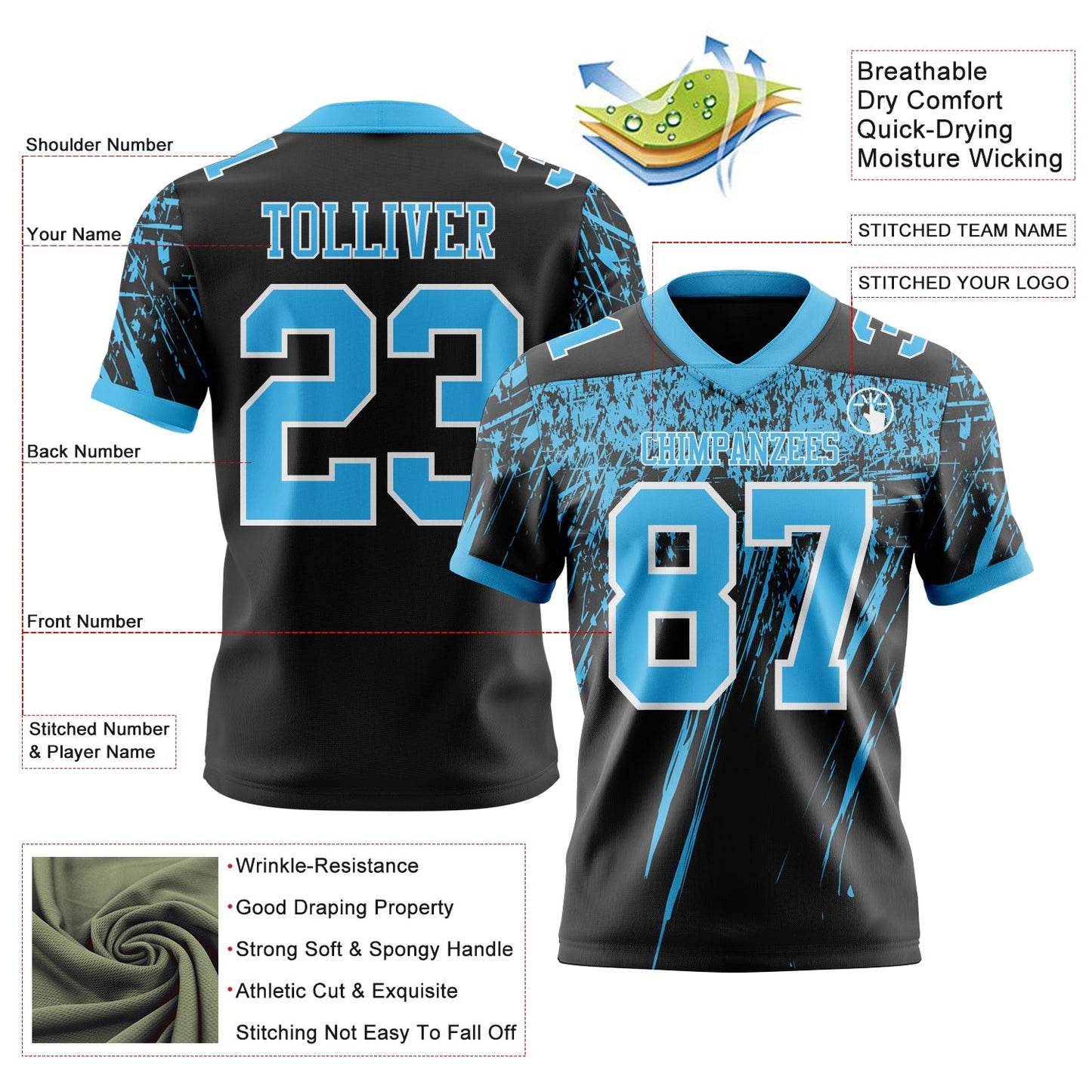 Custom Black Sky Blue-White Authentic Distressed Scratch Brush Stroke Football Jersey view 2