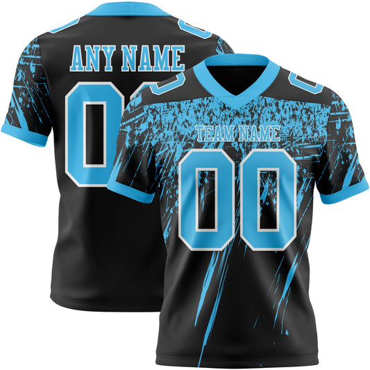 Custom Black Sky Blue-White Authentic Distressed Scratch Brush Stroke Football Jersey - Main View