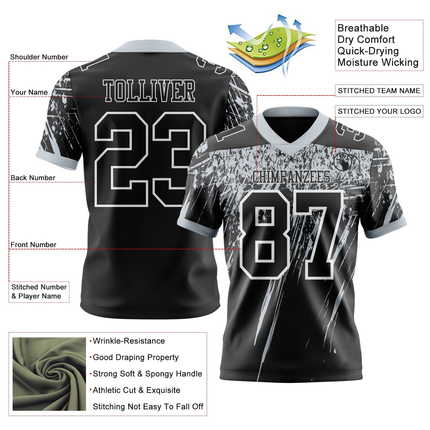 Custom Black Silver-White Authentic Distressed Scratch Brush Stroke Football Jersey view 2