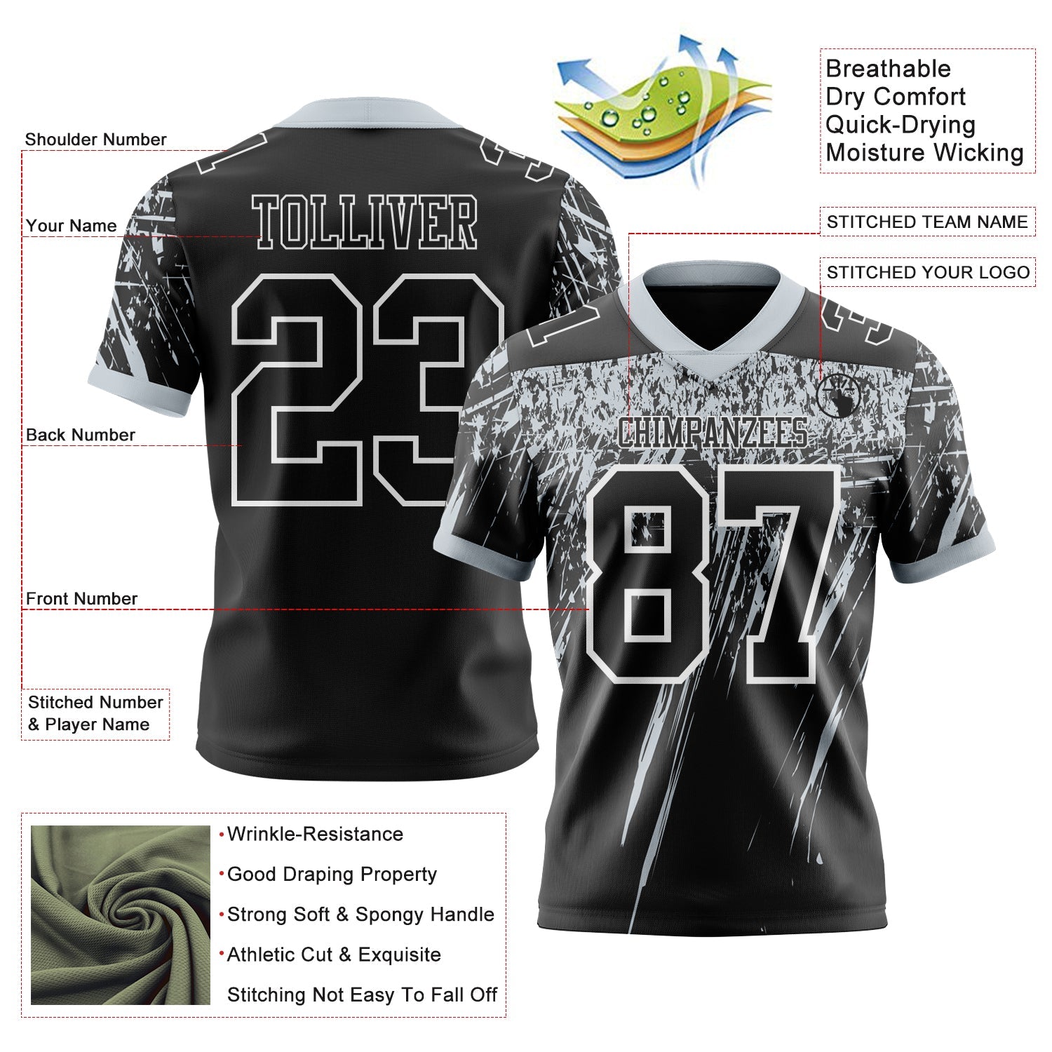 Custom Black Silver-White Authentic Distressed Scratch Brush Stroke Football Jersey view 2