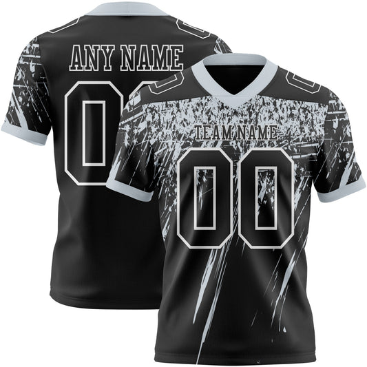 Custom Black Silver-White Authentic Distressed Scratch Brush Stroke Football Jersey - Main View