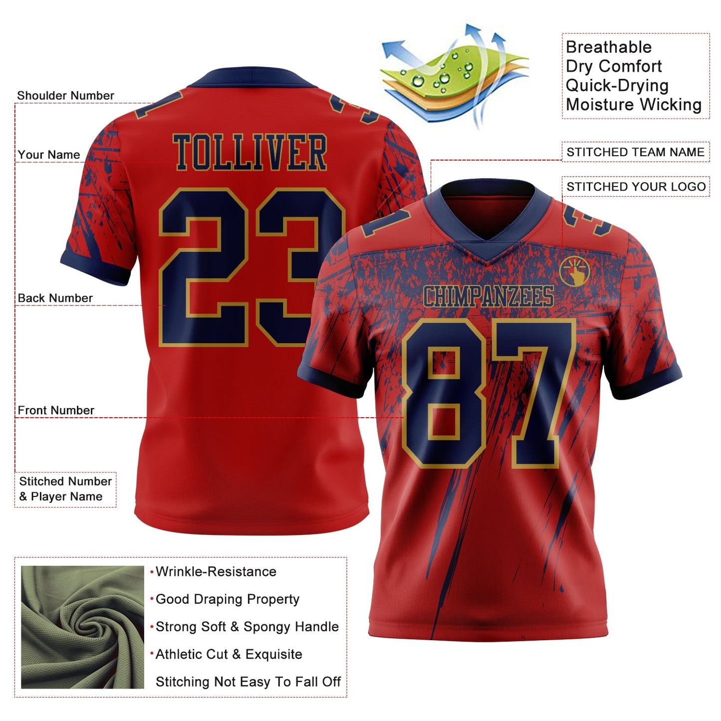 Custom Red Navy-Old Gold Authentic Distressed Scratch Brush Stroke Football Jersey view 2