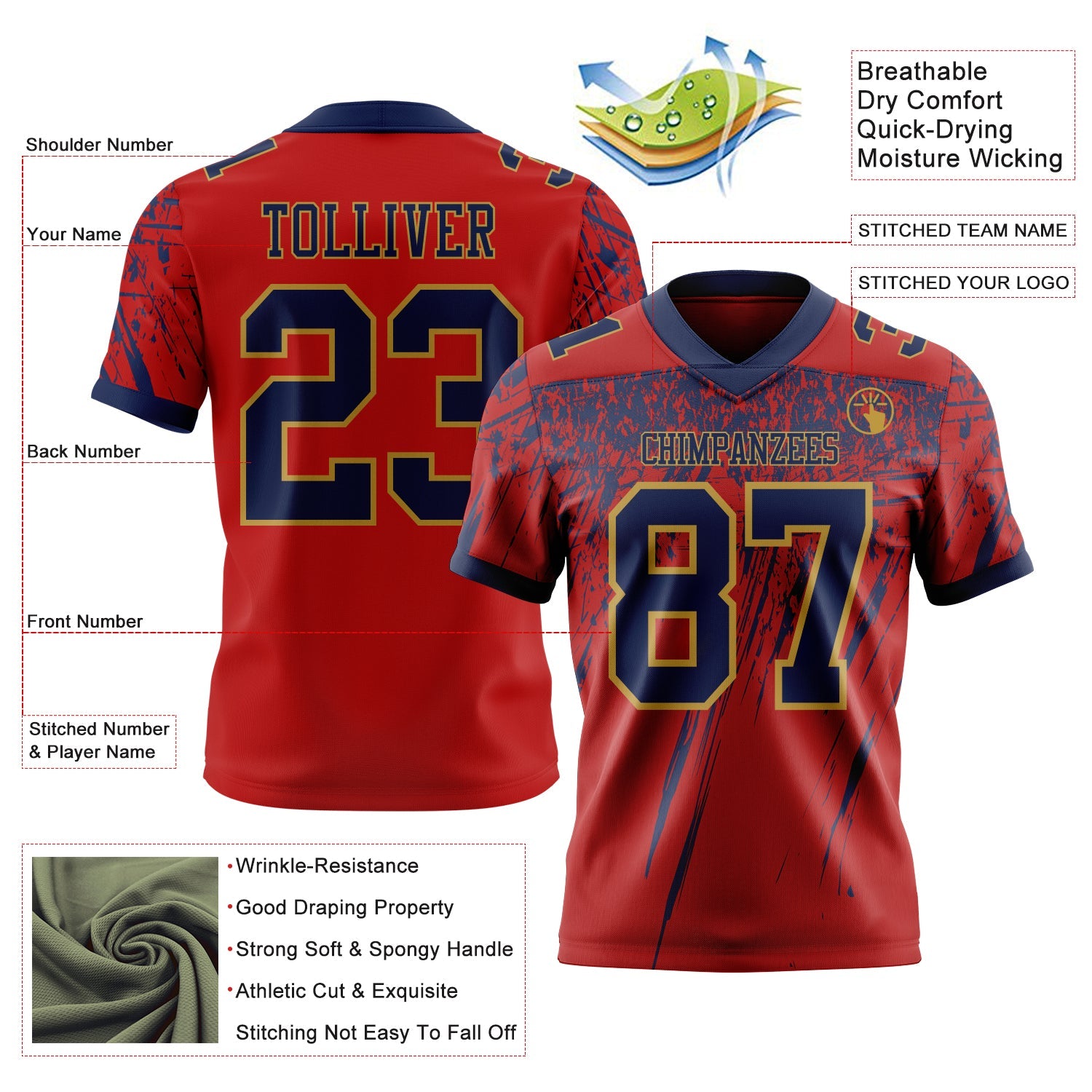Custom Red Navy-Old Gold Authentic Distressed Scratch Brush Stroke Football Jersey view 2