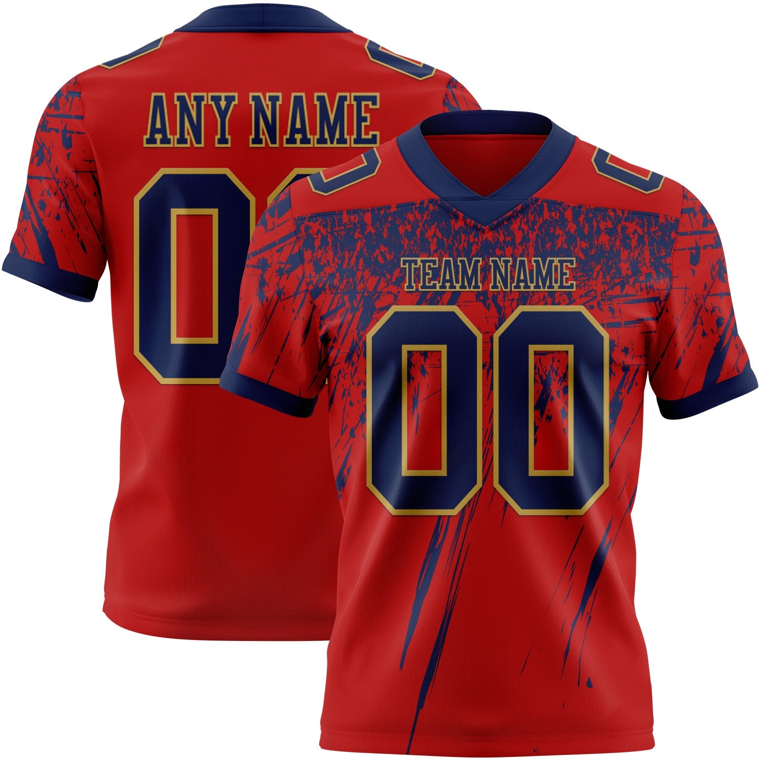 Custom Red Navy-Old Gold Authentic Distressed Scratch Brush Stroke Football Jersey - Main View