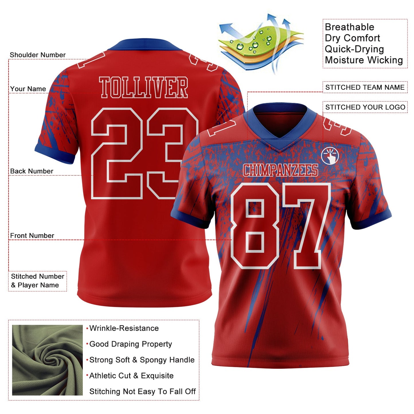 Custom Red Royal-White Authentic Distressed Scratch Brush Stroke Football Jersey view 2