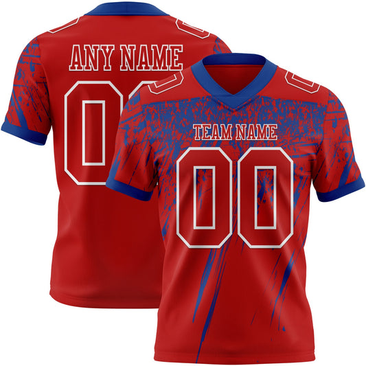 Custom Red Royal-White Authentic Distressed Scratch Brush Stroke Football Jersey - Main View