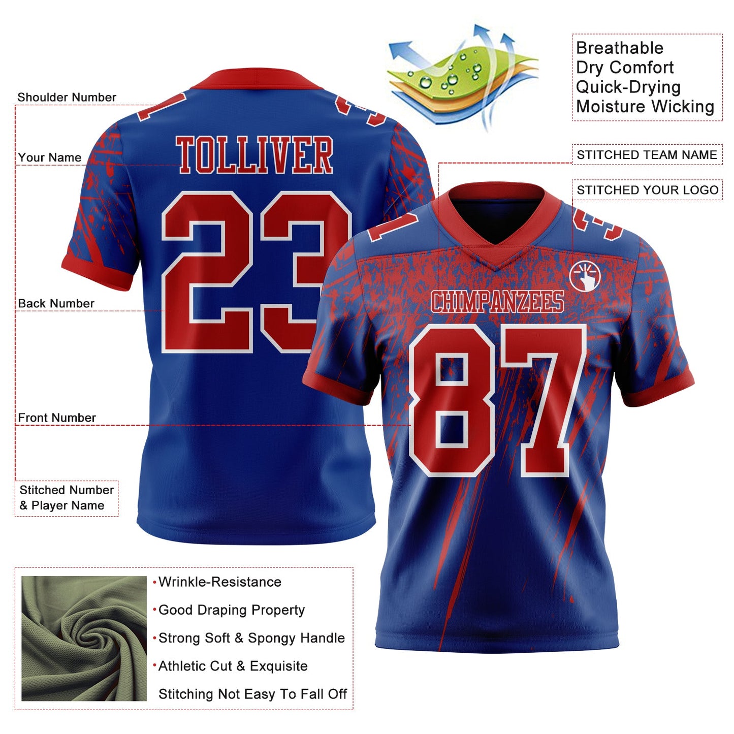 Custom Royal Red-White Authentic Distressed Scratch Brush Stroke Football Jersey view 2