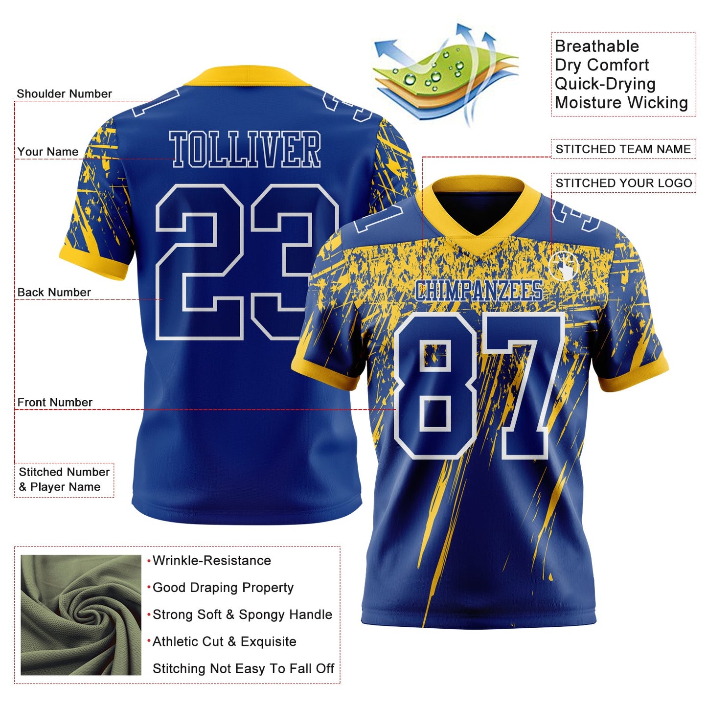 Custom Royal Yellow-White Authentic Distressed Scratch Brush Stroke Football Jersey view 2