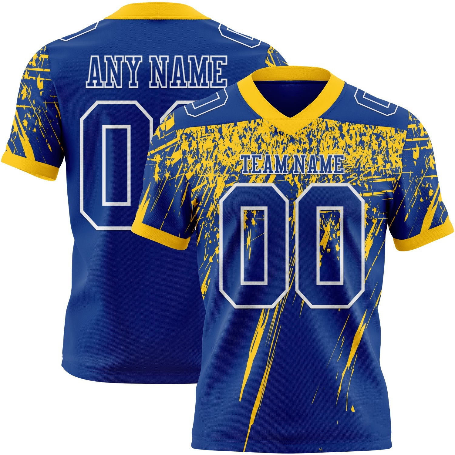 Custom Royal Yellow-White Authentic Distressed Scratch Brush Stroke Football Jersey - Main View