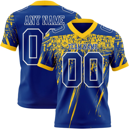 Custom Royal Yellow-White Authentic Distressed Scratch Brush Stroke Football Jersey - Main View