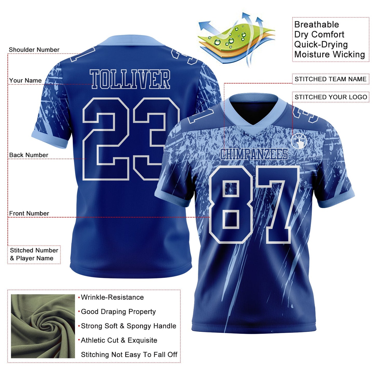 Custom Royal Light Blue-White Authentic Distressed Scratch Brush Stroke Football Jersey view 2
