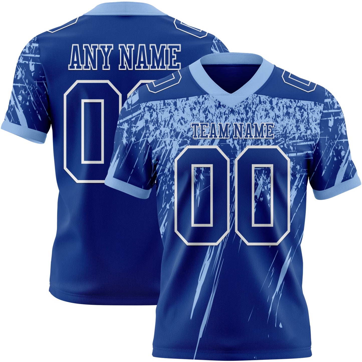 Custom Royal Light Blue-White Authentic Distressed Scratch Brush Stroke Football Jersey - Main View