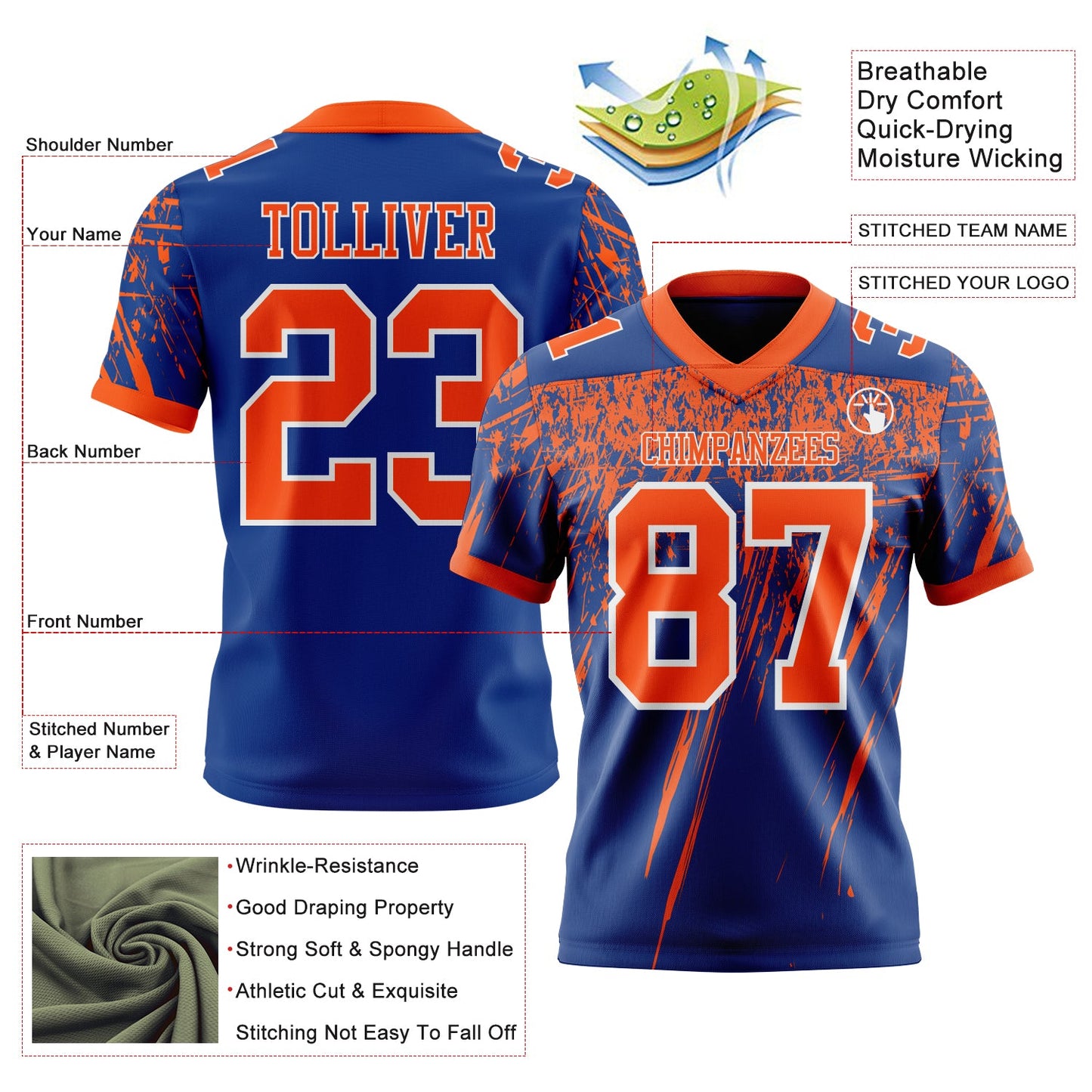 Custom Royal Orange-White Authentic Distressed Scratch Brush Stroke Football Jersey view 2
