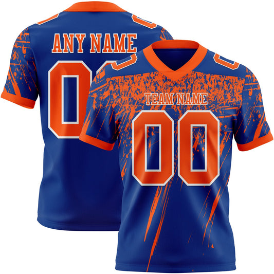 Custom Royal Orange-White Authentic Distressed Scratch Brush Stroke Football Jersey - Main View