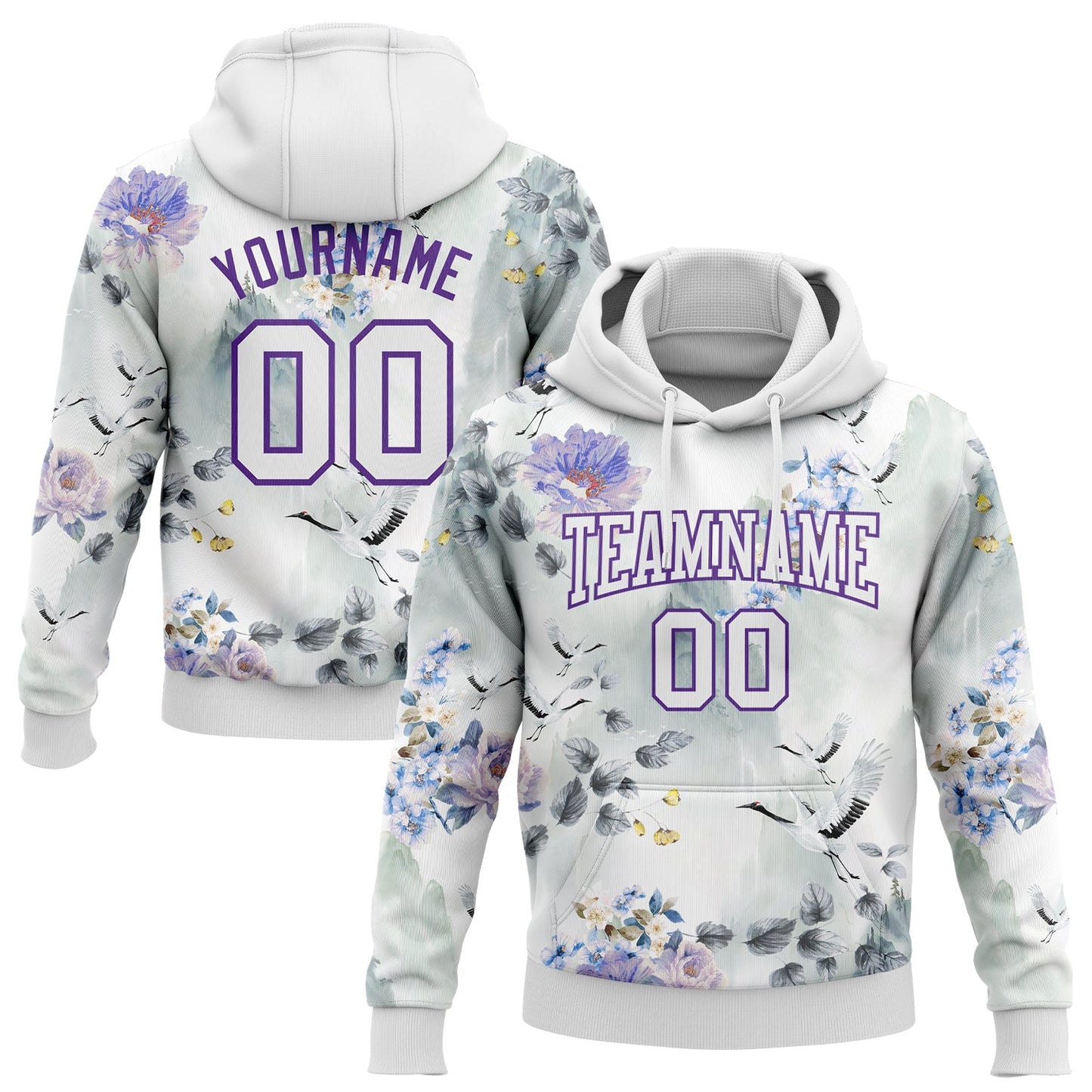 Custom Stitched White Purple 3D Pattern Design Crane And Flower Sports Pullover Sweatshirt Hoodie - Main View