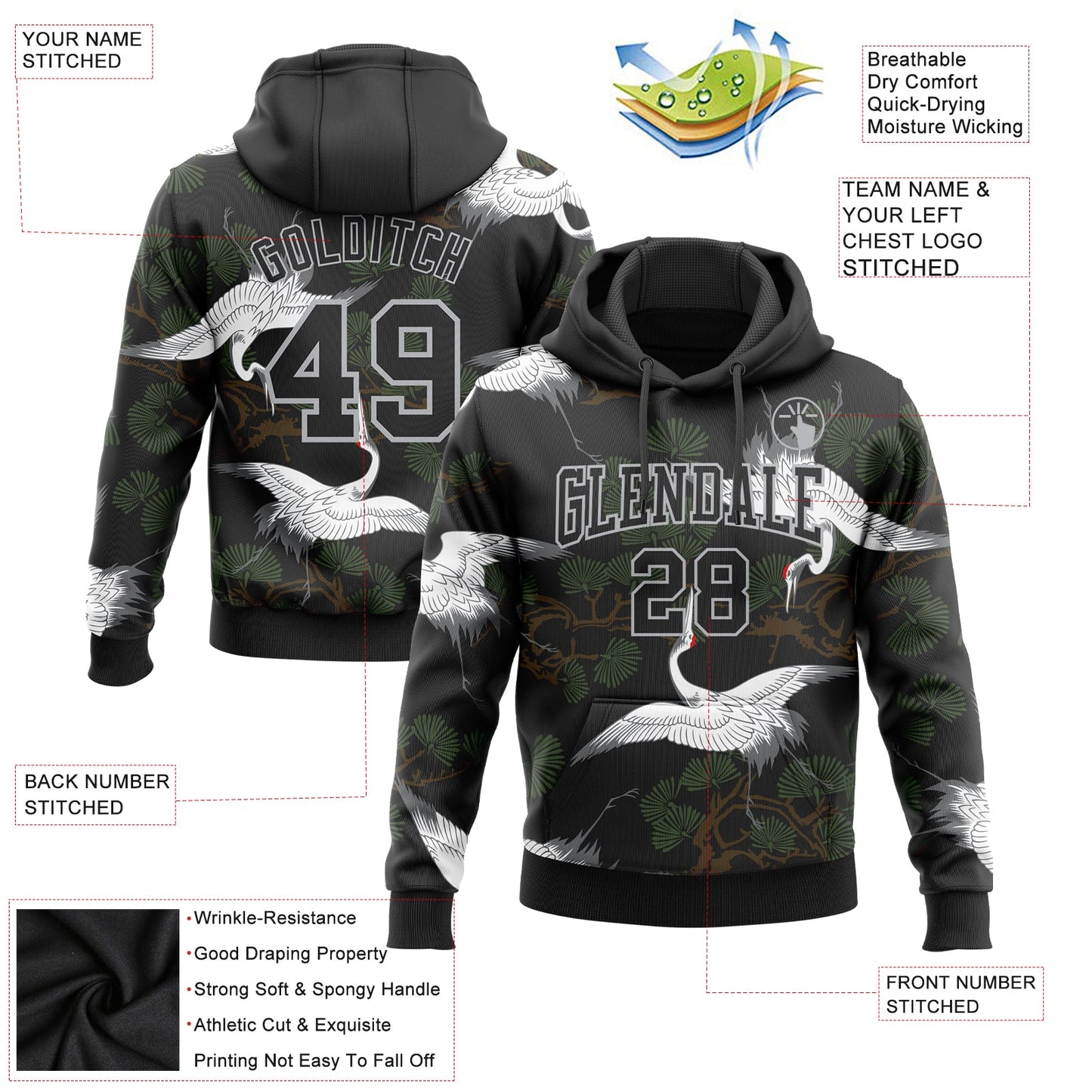 Custom Stitched Black Gray 3D Pattern Design Crane And Green Pine Tree Sports Pullover Sweatshirt Hoodie view 2