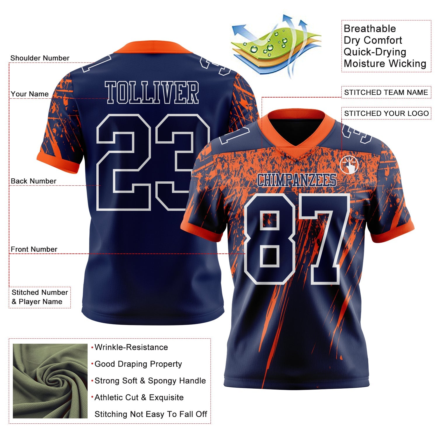 Custom Navy Orange-White Authentic Distressed Scratch Brush Stroke Football Jersey view 2