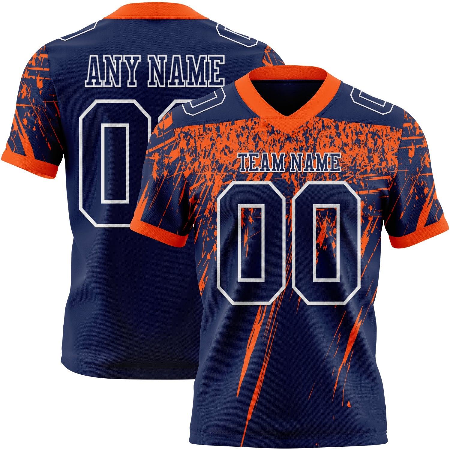 Custom Navy Orange-White Authentic Distressed Scratch Brush Stroke Football Jersey - Main View