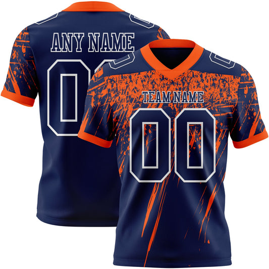 Custom Navy Orange-White Authentic Distressed Scratch Brush Stroke Football Jersey - Main View