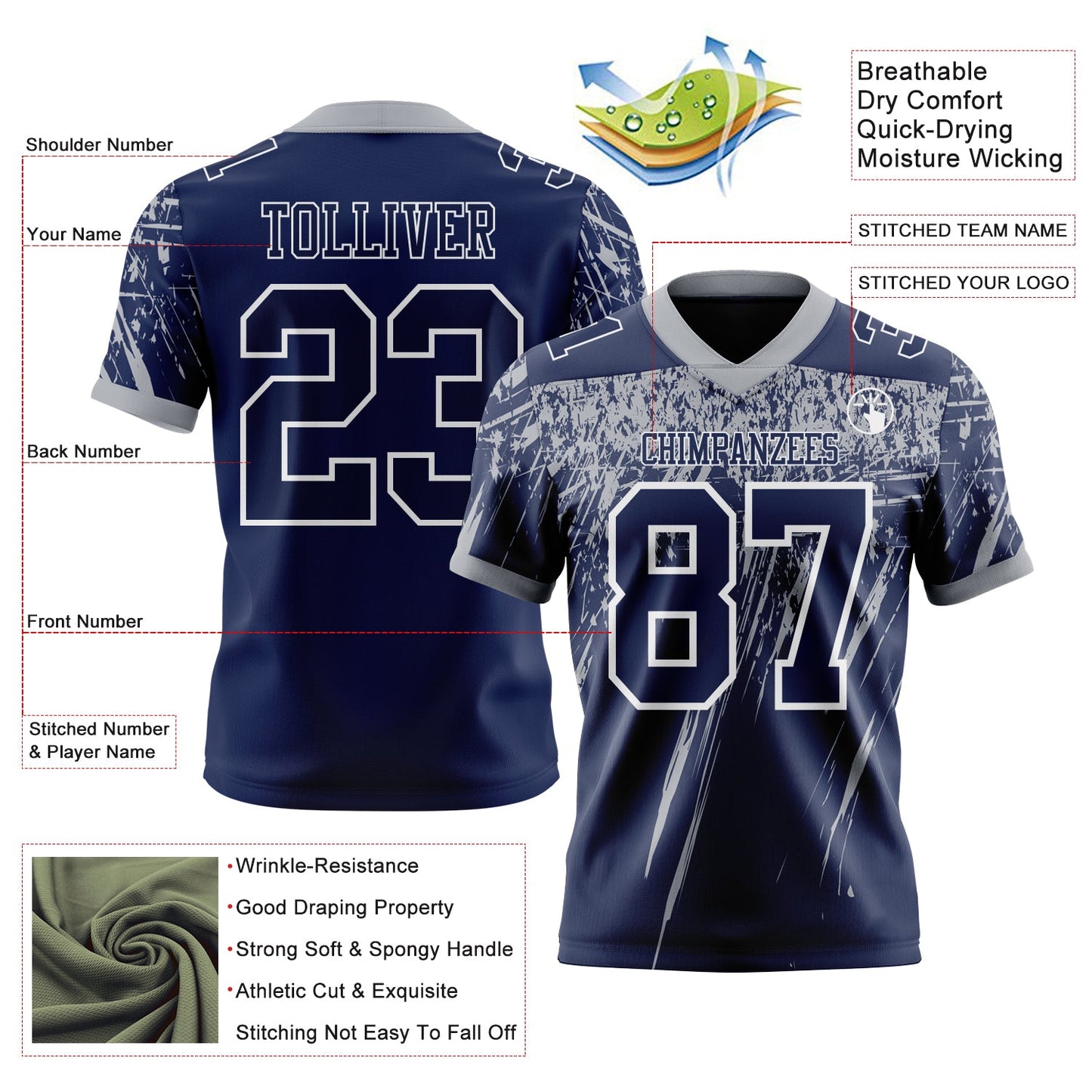 Custom Navy Gray-White Authentic Distressed Scratch Brush Stroke Football Jersey view 2