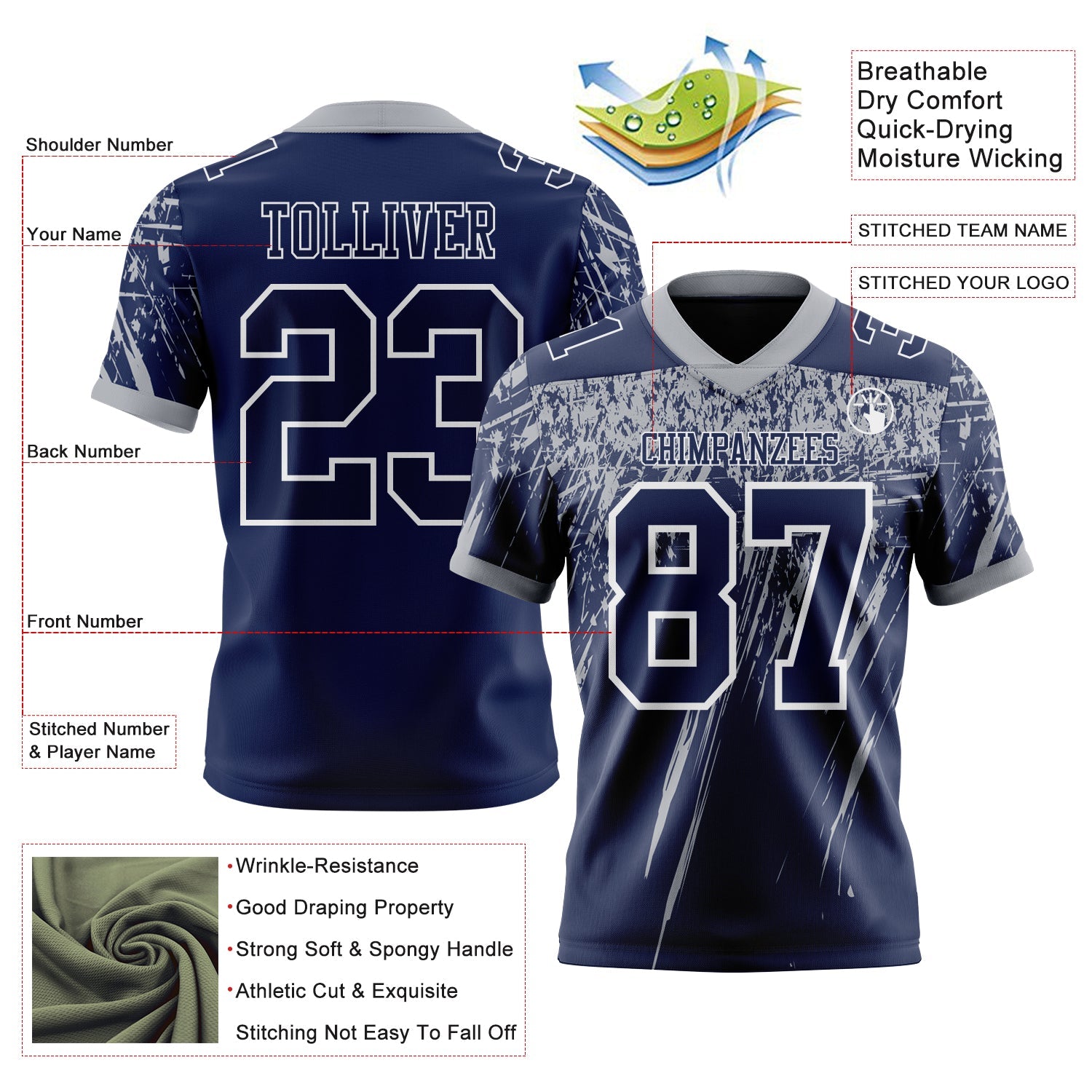 Custom Navy Gray-White Authentic Distressed Scratch Brush Stroke Football Jersey view 2