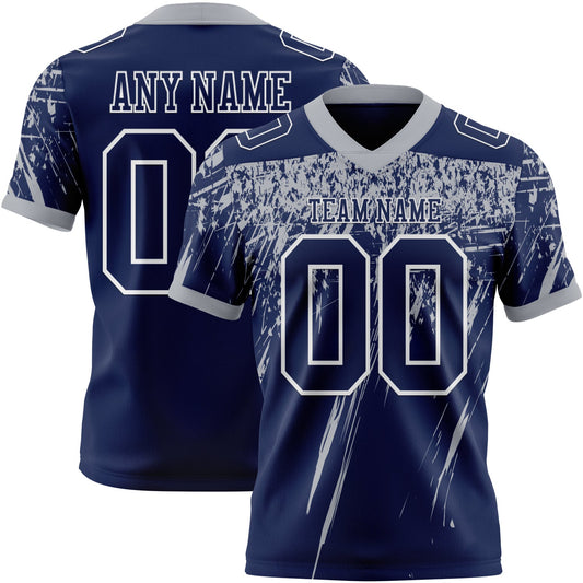 Custom Navy Gray-White Authentic Distressed Scratch Brush Stroke Football Jersey - Main View