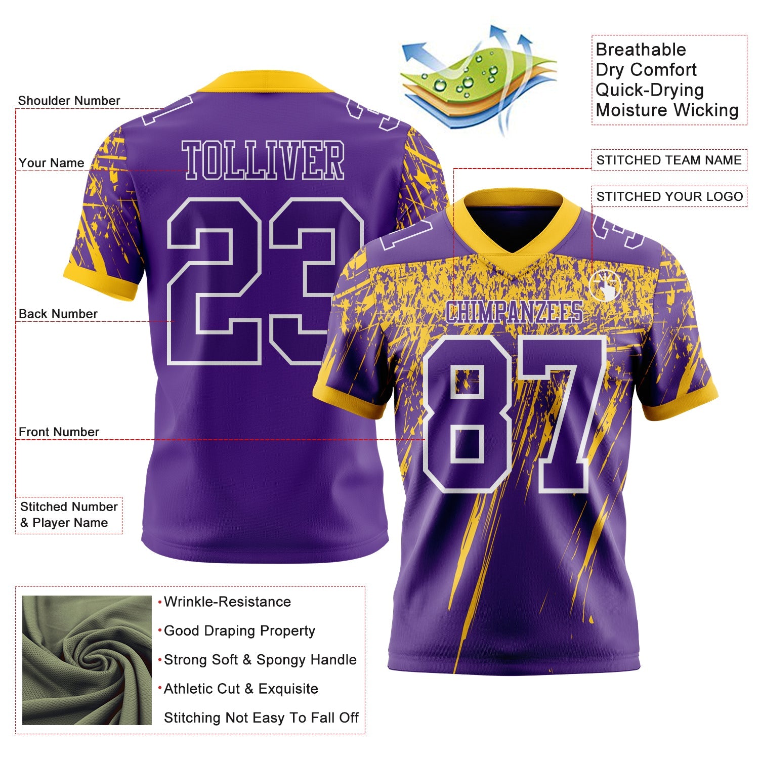 Custom Purple Yellow-White Authentic Distressed Scratch Brush Stroke Football Jersey view 2