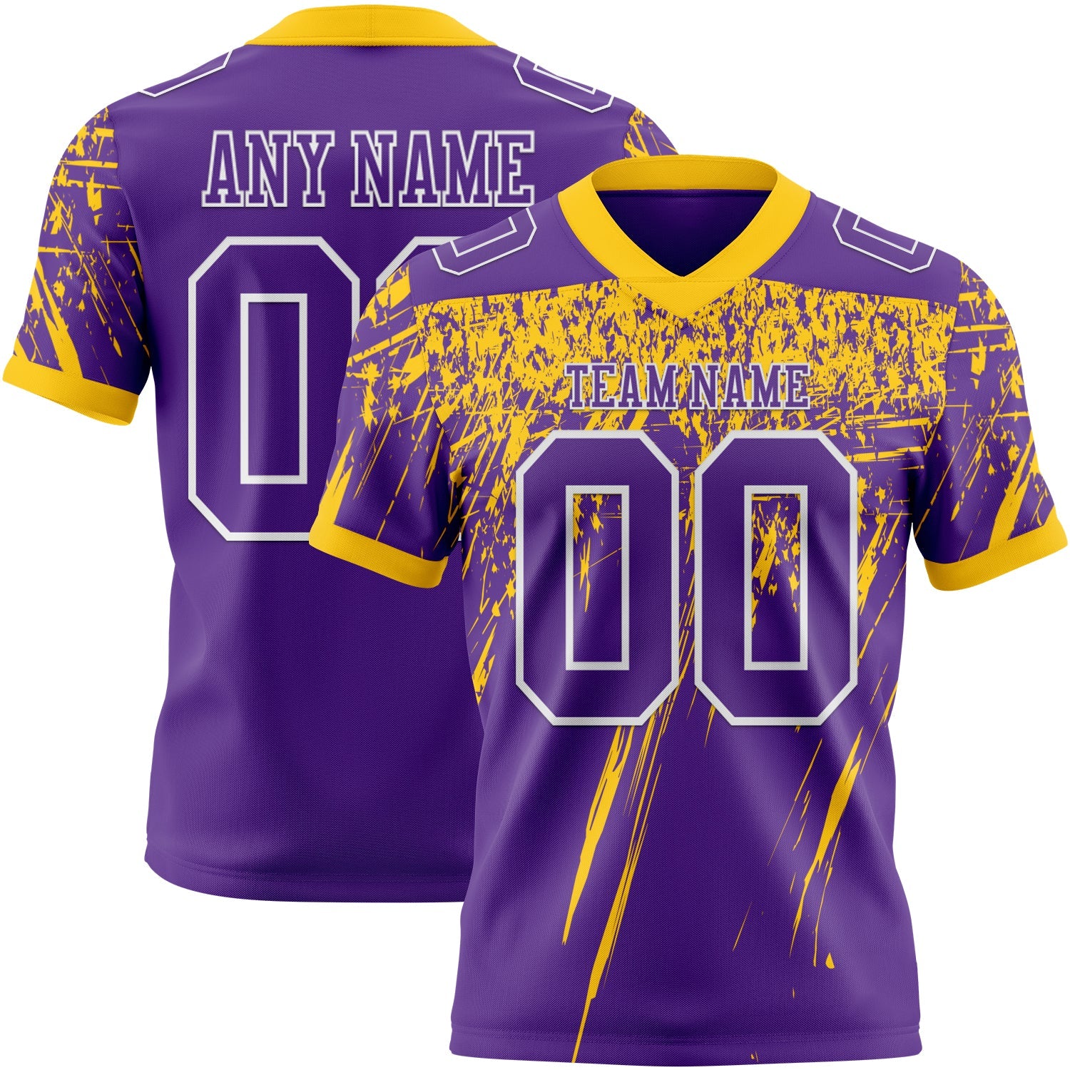 Custom Purple Yellow-White Authentic Distressed Scratch Brush Stroke Football Jersey - Main View
