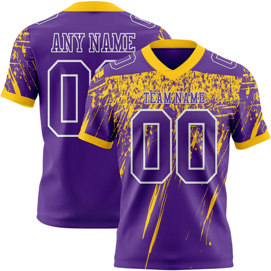 Custom Purple Yellow-White Authentic Distressed Scratch Brush Stroke Football Jersey - Main View