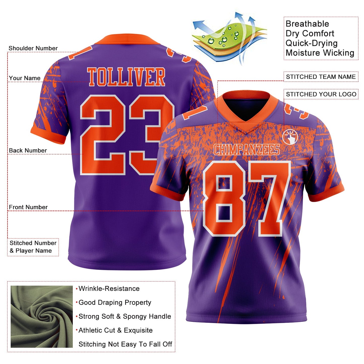 Custom Purple Orange-White Authentic Distressed Scratch Brush Stroke Football Jersey view 2