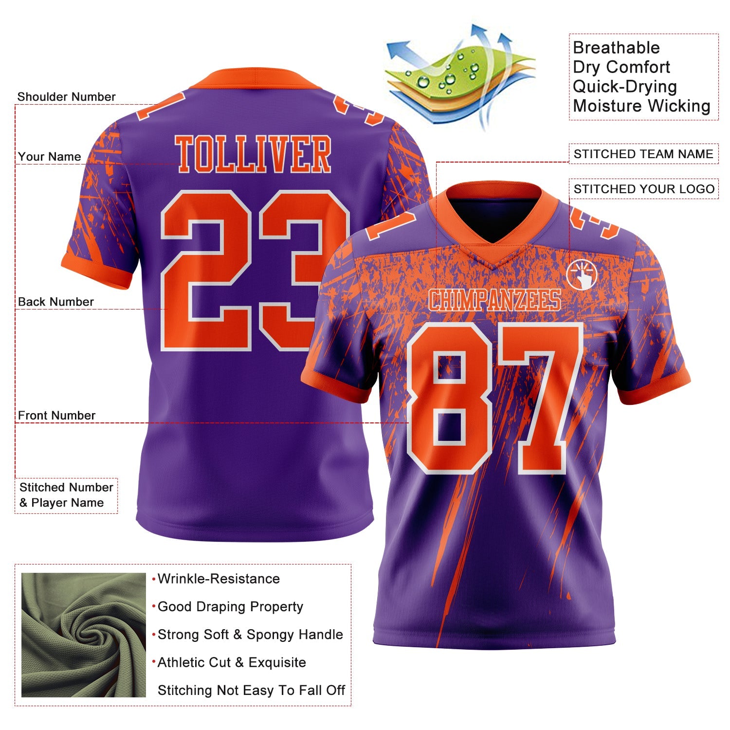 Custom Purple Orange-White Authentic Distressed Scratch Brush Stroke Football Jersey view 2