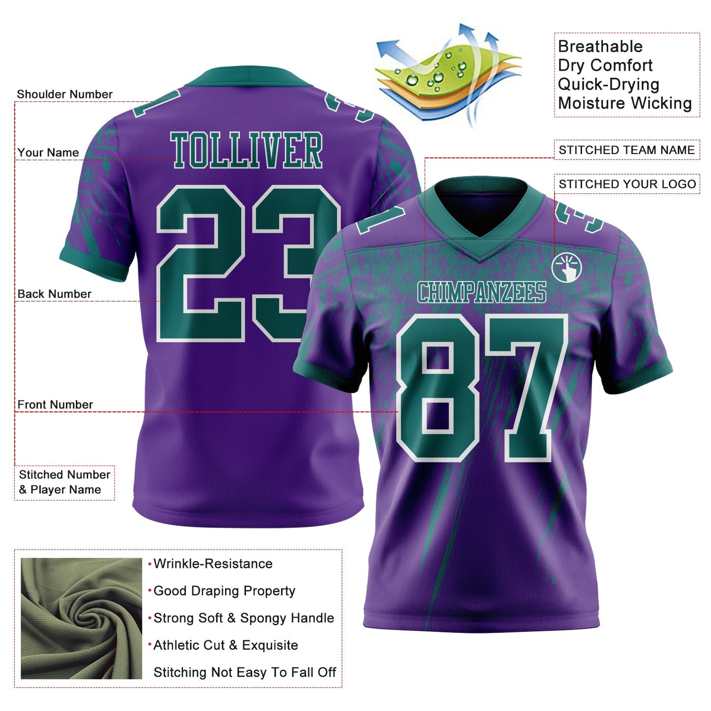 Custom Purple Teal-White Authentic Distressed Scratch Brush Stroke Football Jersey view 2