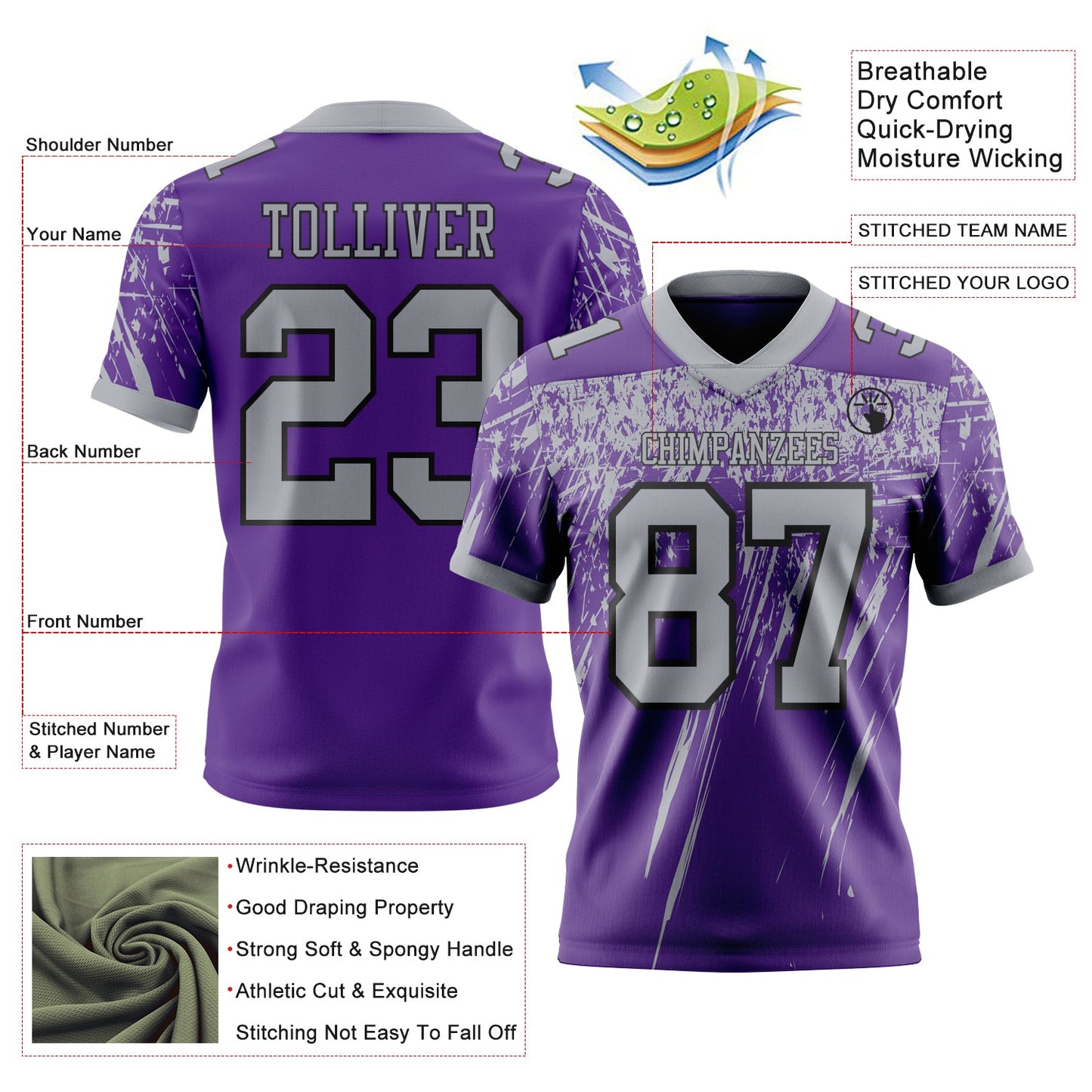 Custom Purple Gray-Black Authentic Distressed Scratch Brush Stroke Football Jersey view 2