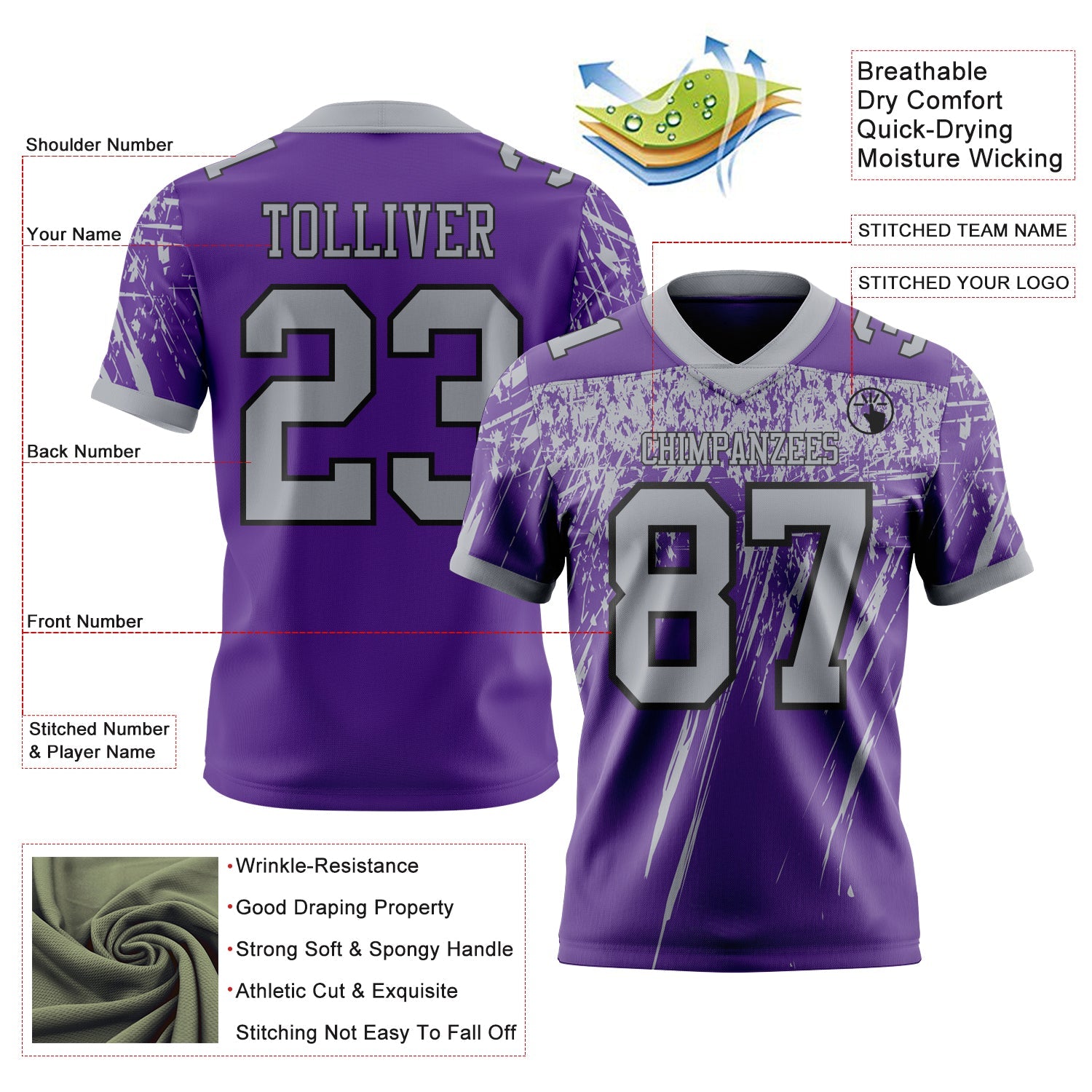 Custom Purple Gray-Black Authentic Distressed Scratch Brush Stroke Football Jersey view 2