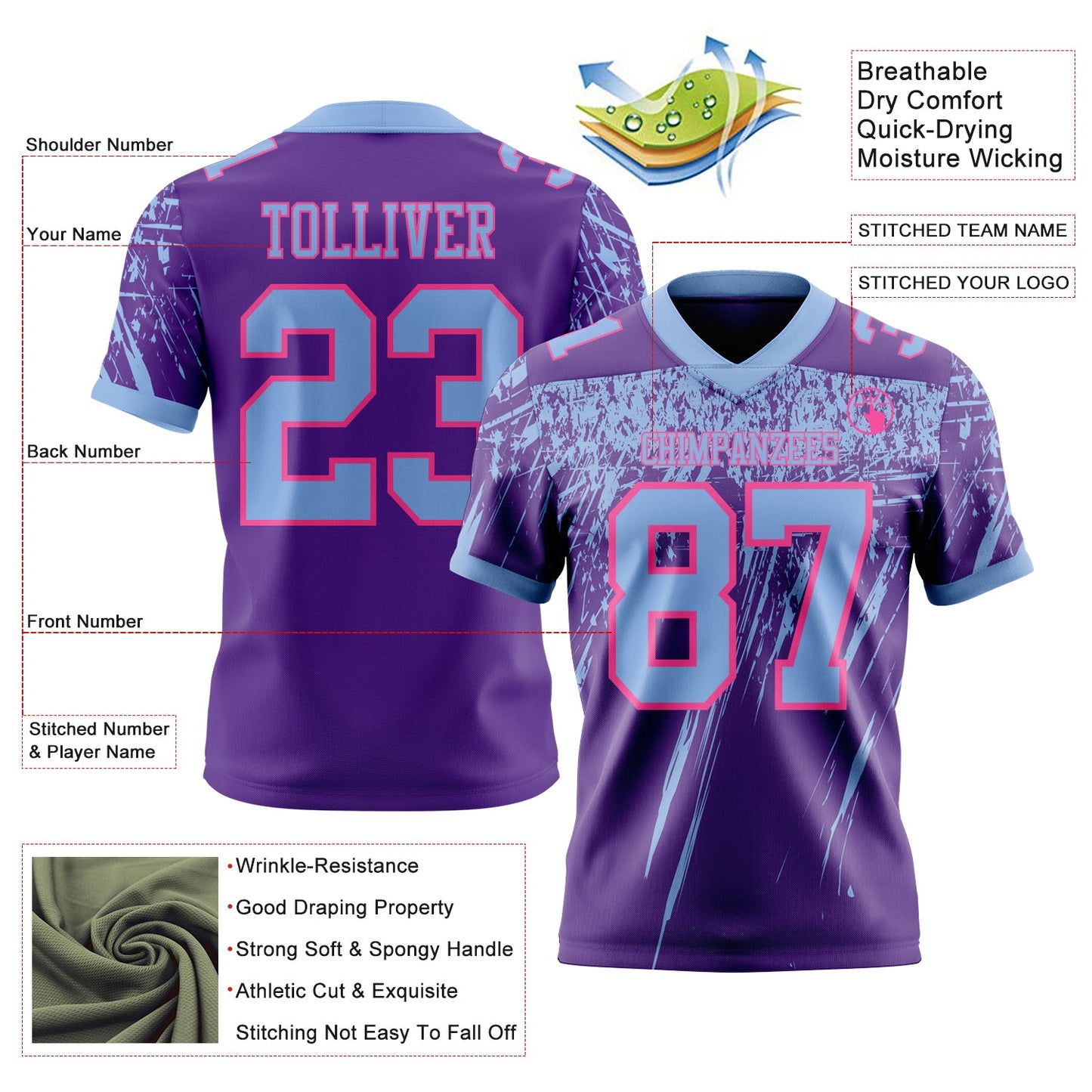 Custom Purple Light Blue-Pink Authentic Distressed Scratch Brush Stroke Football Jersey view 2
