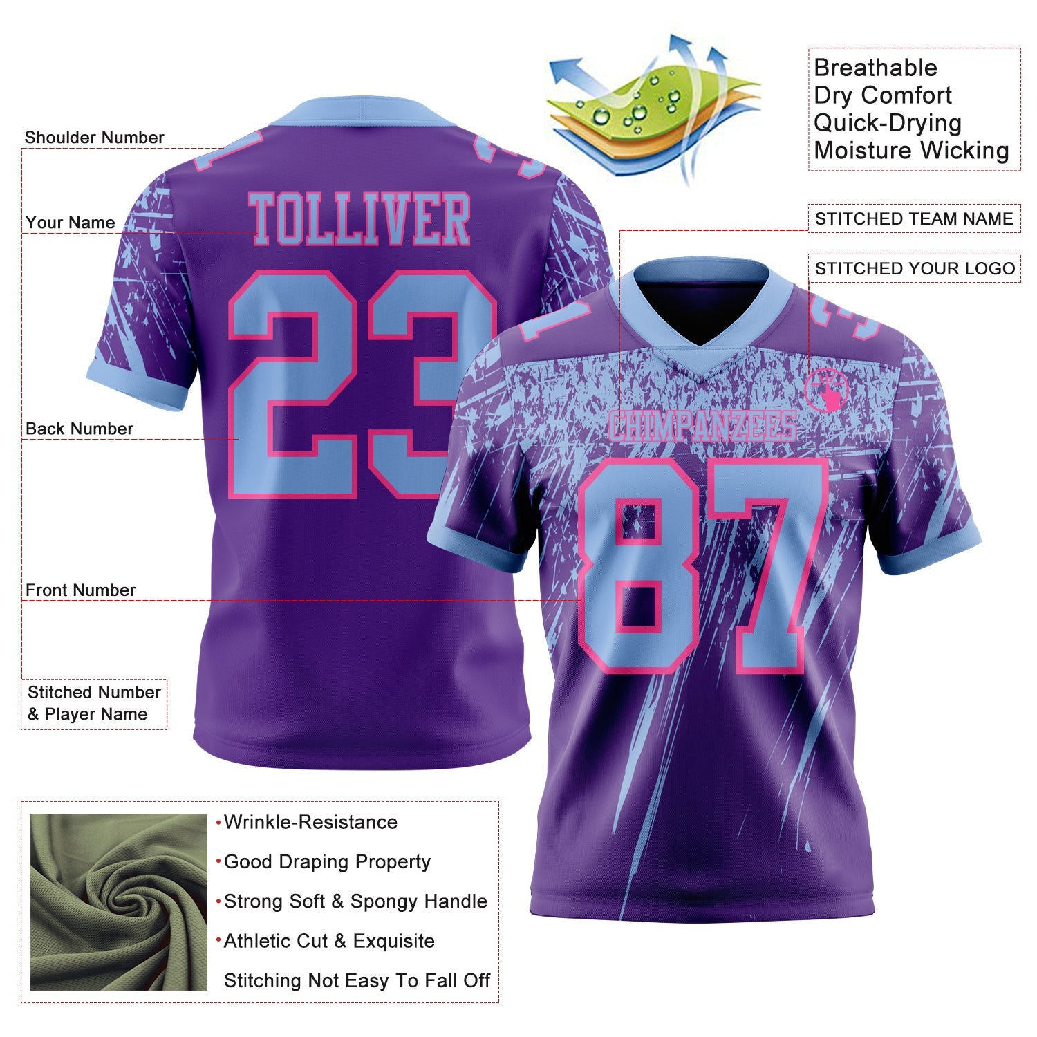 Custom Purple Light Blue-Pink Authentic Distressed Scratch Brush Stroke Football Jersey view 2
